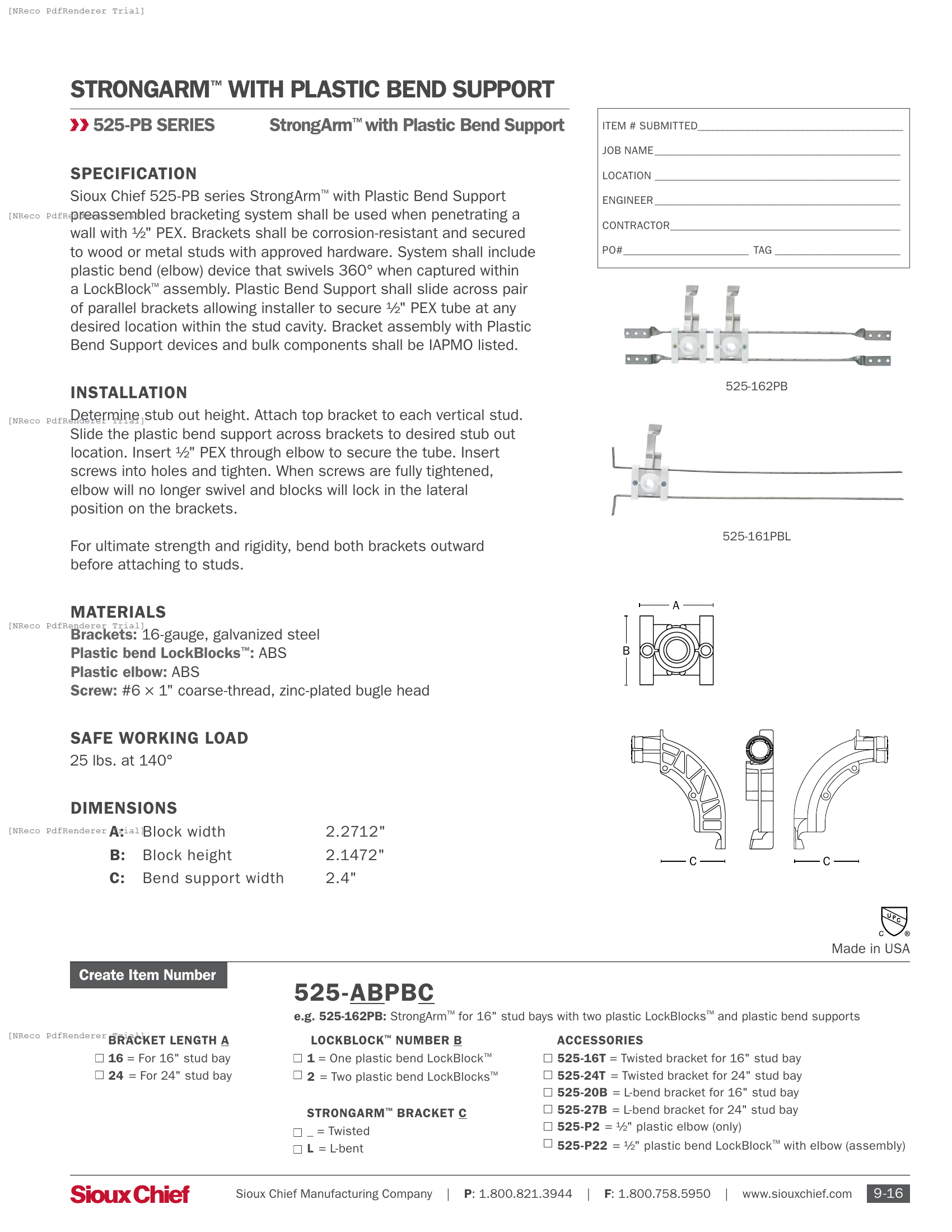 525 SERIES - STRONGARM WITH PLASTIC BEND SUPPORT - SPEC SHEET.PDF Specification Document